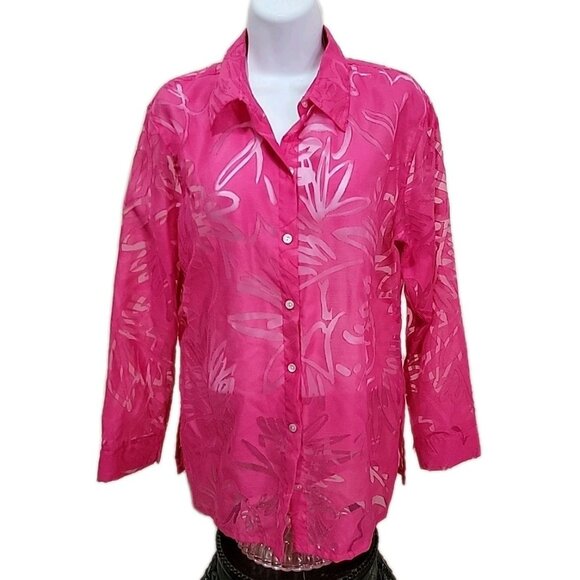 Chico’s Size 1 (M/8) Pink Button Front Sheer Blouse LS Floral Burnout Shirt - Picture 2 of 11